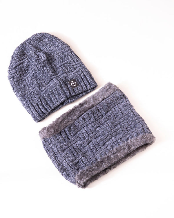 Winter Beanie Woolen Cap with Scarf Set - Grey