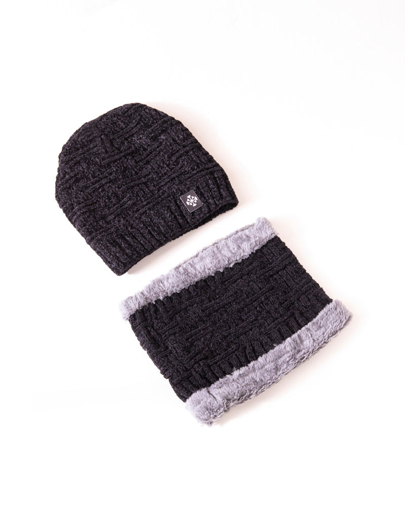 Winter Beanie Woolen Cap with Scarf Set -Black