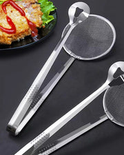 Stainless Steel 2 in 1 Fry Oil Filter Spoon Strainer With Tong - Set of 2