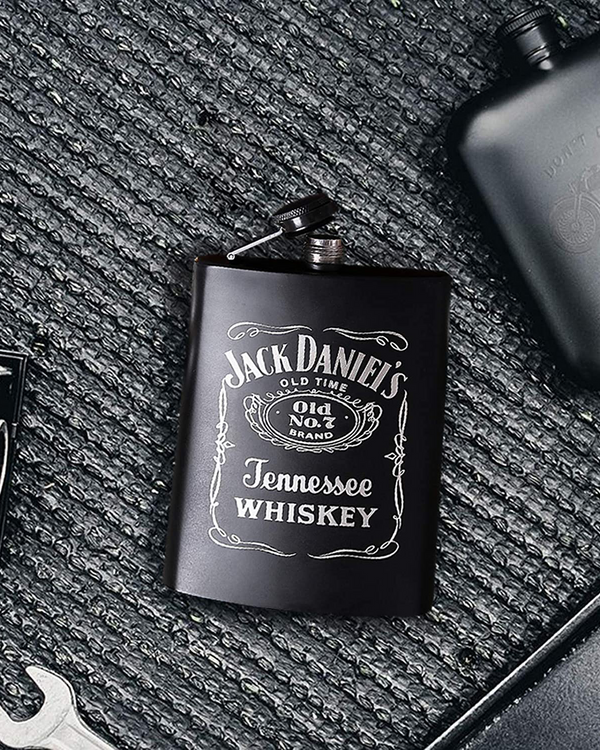 Stainless Steel 'JD' Hip Flask with Funnel and 2 Glasses