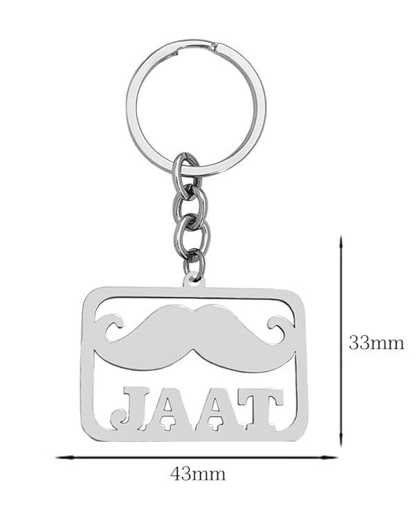 Stainless Steel Jaat Name Keychain with Moustache Design