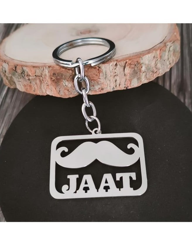 Stainless Steel Jaat Name Keychain with Moustache Design