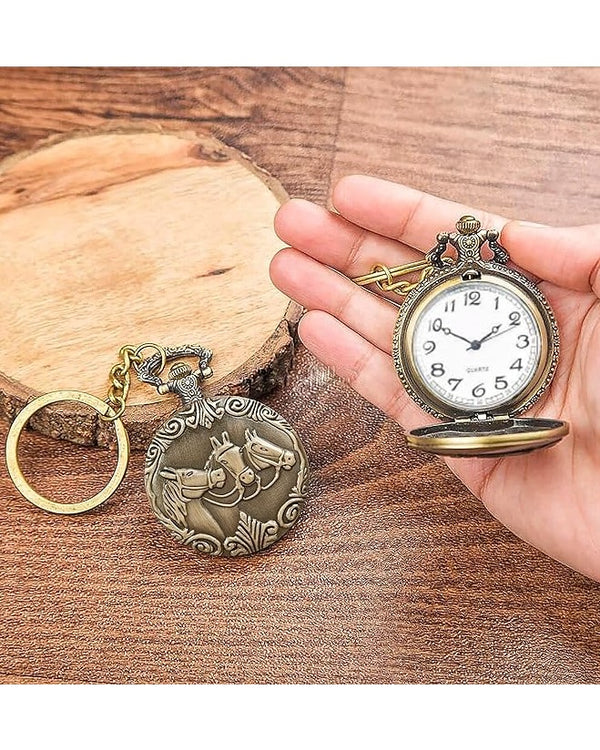 Embossed Horses Keychain with Pocket Watch